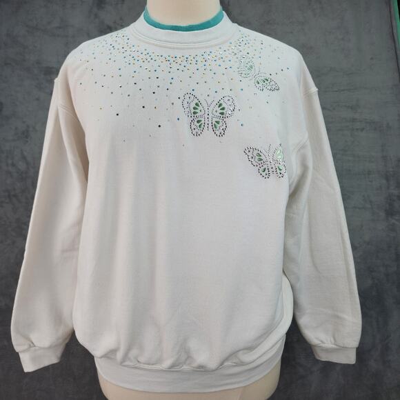 VTG Morning Sun Sweatshirt Womens XL White Pastel Butterfly Metal Embellishments - Picture 2 of 14